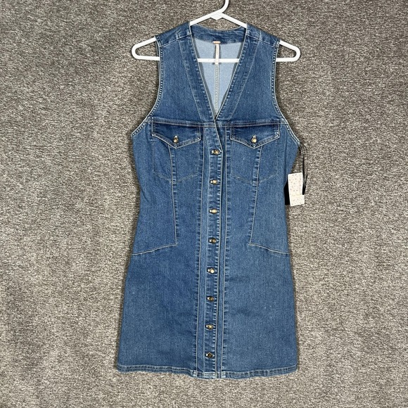 Free People Dresses & Skirts - Free People Dress Womens 10 Blue Denim Button Front Sleeveless V Neck Sheath